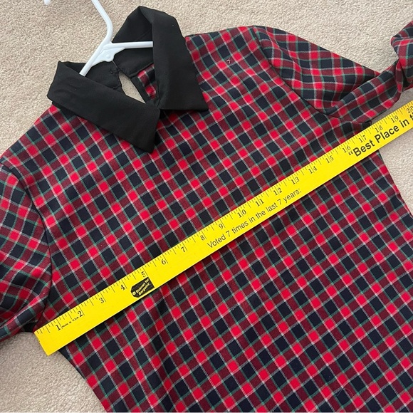 🍉 Women's Peter Pan Contrast Collar Checkered Plaid Shirt Blouse Small - Picture 9 of 11
